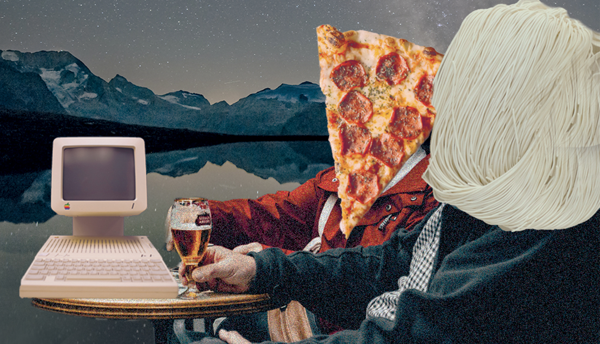 Madame et Monsieur Agency Mockup personnage tête de pizza et tête de nouilles au bar à bière avec ordinateur vintage